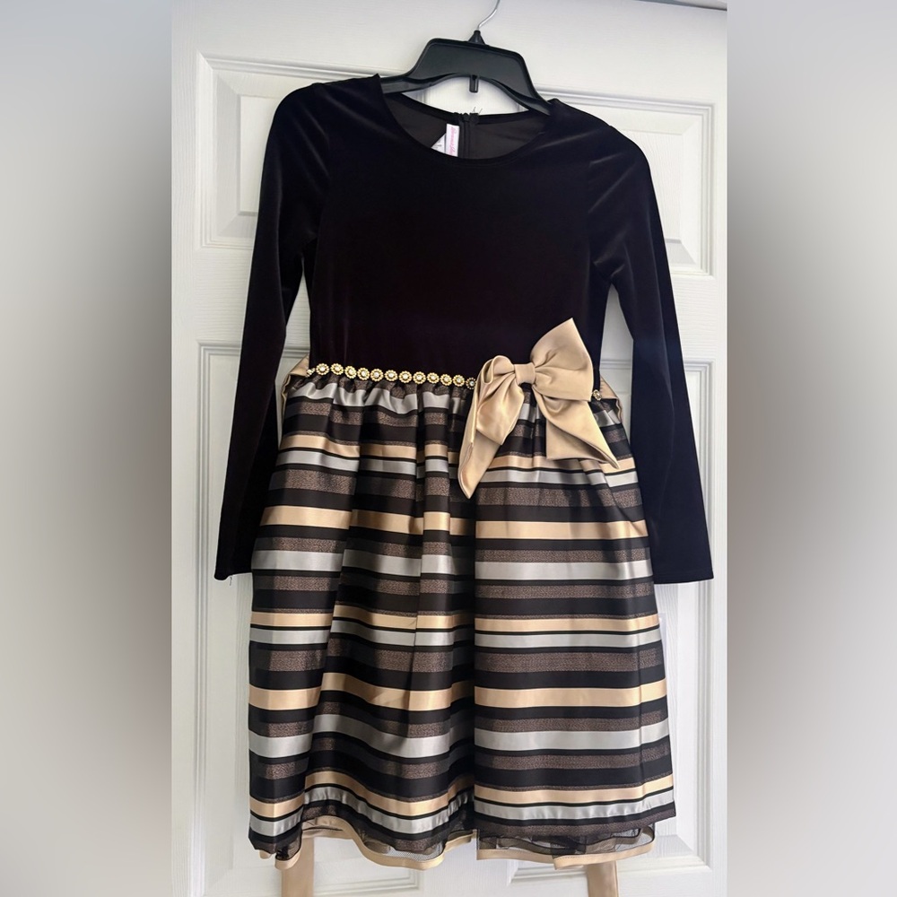 Bonnie Jean Black and Gold Striped Dress with Bow